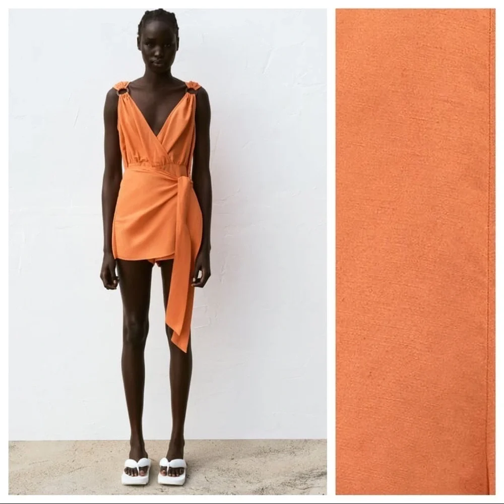 NWT. Zara Orange Crossover Tied Wrap Short Jumpsuit with Bow. Size S.